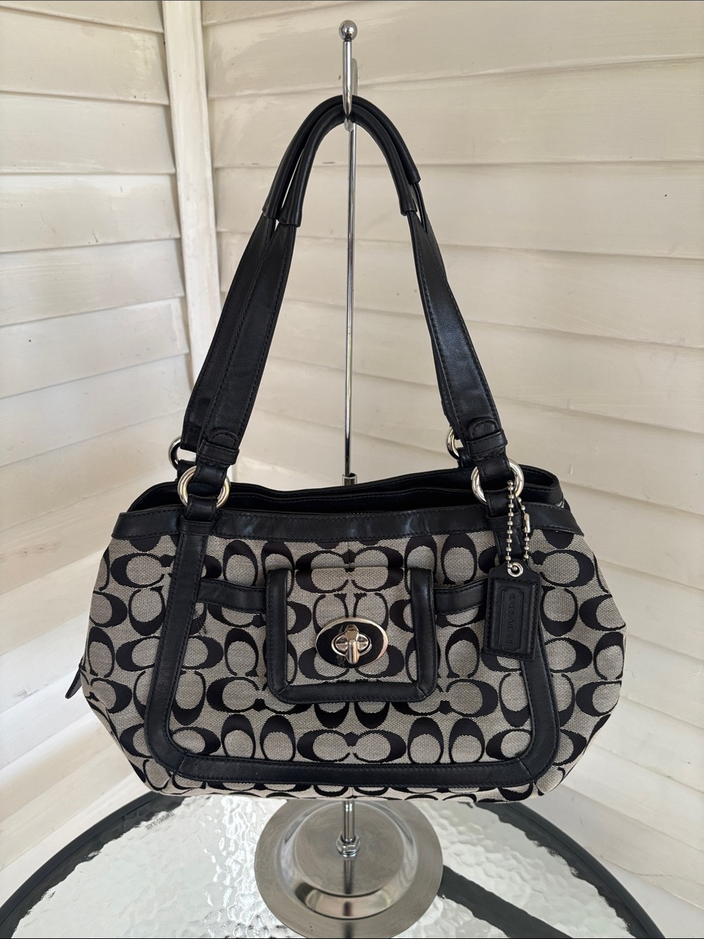 Coach Black and Grey Signature Canvas Shoulder Tote